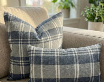 Cojín de lino a cuadros grises y azules, funda de cojín y funda de cojín lumbar, decoración rústica