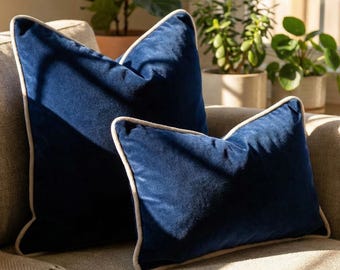 Funda de cojín de terciopelo azul marino: cojín con ribete blanco, almohada decorativa y funda de almohada europea azul oscuro