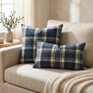 May include: Two blue plaid cushions on a beige sofa. The cushions feature a classic plaid pattern in shades of blue, white, and black. A beige throw blanket is draped over the sofa. A vase with greenery sits on a small wooden table.