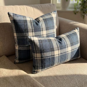 Navy Blue Plaid Linen Wool Pillow Cover, Navy Decorative Euro Sham & Cushion