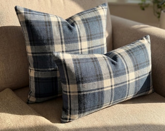 Funda de almohada de lana y lino a cuadros azul marino, funda de almohada y cojín decorativos de estilo europeo azul marino