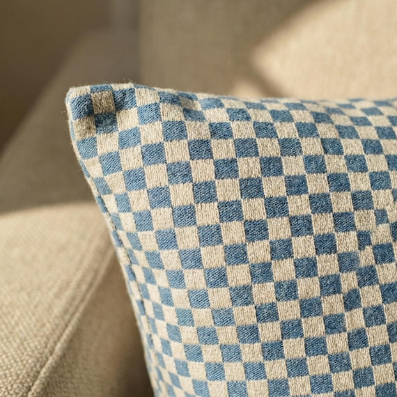 Blue and White Check Pillow Cover, Modern Woven Cushion & Euro Sham and Lumbar