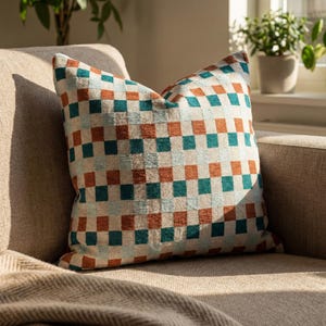Fodera per cuscino a quadri color ruggine e beige, cuscino decorativo a quadretti intrecciati
