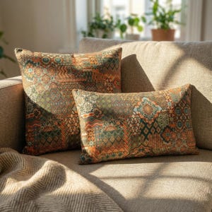 Puede incluir: Dos cojines decorativos con un diseño de patchwork en tonos naranja, verde y marrón descansan sobre un sofá beige. Los cojines presentan varios patrones y texturas geométricas, agregando interés visual al espacio.