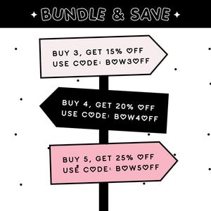 May include: A signpost graphic in black and white, featuring three directional signs offering bundle discounts. The signs are pink and black, with text indicating savings of 15%, 20%, and 25% off when purchasing multiple items. The text includes discount codes.