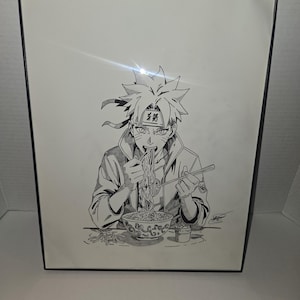 May include: Black and white framed illustration of an anime character eating noodles from a decorative bowl with chopsticks. The character has spiky blonde hair and a headband. The artwork is in a black frame.