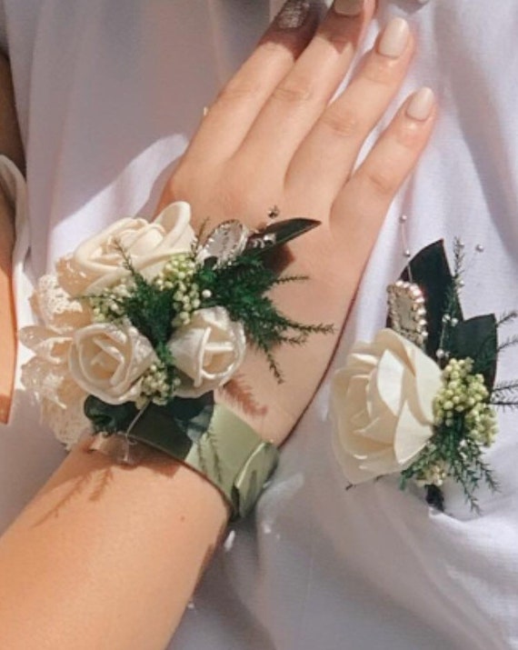 Custom Sola wood rose boutonnière and corsage set