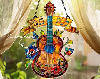 Atrapasueños de guitarra de vitral, adorno para ventana para amantes de la música, decoración floral de guitarra, atrapaluz con notas musicales, regalo para guitarristas