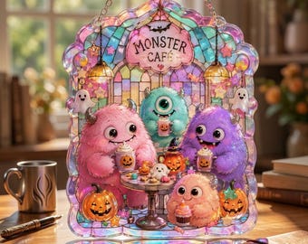 Cute Halloween Monster Stained Glass Suncatcher, Monster Café Window Hanging, Kawaii Halloween Decor, Spooky Ghost Gift
