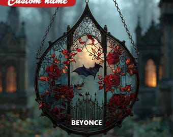 Gothic Rose Gate Acrylic Suncatcher, Faux Stained Glass Window Hanging, Halloween Home Decor Gift for Her