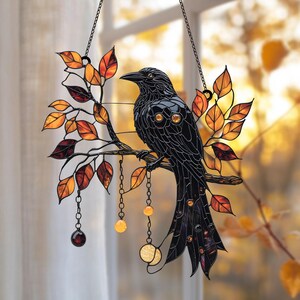 Mystical Raven & Autumn Leaves Suncatcher, Dark Faux Stained Glass Style Art, Gothic Crow Window Hanging, Seasonal Nature Gift