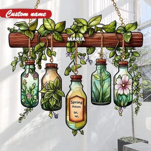 Botanical Potion Jars Acrylic Suncatcher Faux Stained Glass Hanging, Floral Nature Decor And Charming Spring Garden Gift For Her