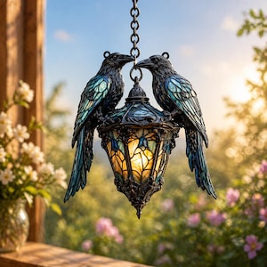 Farol gótico con forma de cuervo, decoración estilo vidriera Dark Academia, arte vintage para ventanas con forma de cuervo, adorno místico para el hogar en Halloween.