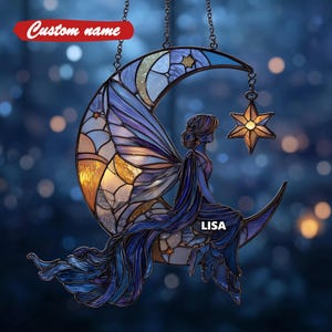 Månfe med lykta akryl solfångare, konstgjord målat glasfönsterhängande, himmelsk fantasi heminredning present till henne eller drömsk älvkonst