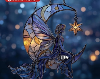 Moon Fairy With Lantern Acrylic Suncatcher, Faux Stained Glass Window Hanging, Celestial Fantasy Home Decor Gift For Her Or Dreamy Fairy Art