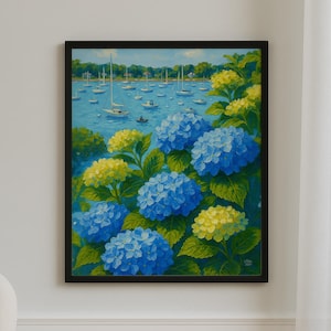 Blue Hydrangea Coastal Wall Art Print | Nantucket Sailing Harbor Painting | Hamptons Beach House Summer Floral Artwork