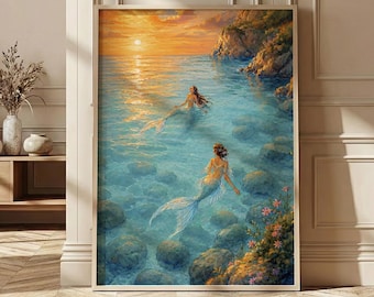 Mermaid Sisters Print, Coastal Siren Wall Art, Beach House Decor, Sunset Swim
