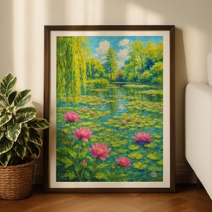 Peinture à l&#39;huile sur un étang aux nénuphars – art mural inspiré de Monet, impression de paysage impressionniste, décoration botanique vintage
