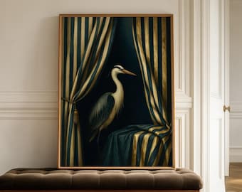 Surreal Bird Blue Heron Wall Art, Japandi Quiet Luxury Digital Download