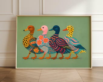 Get Ducks in a Row Print – Colorful Patterned Ducks, Polka Dot Wall Art