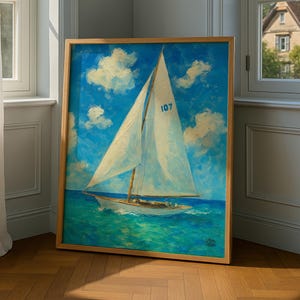 Sailboat Oil Painting Print | Old Money Coastal Wall Art | Nautical Yacht Poster for Beach House & Lake House Décor