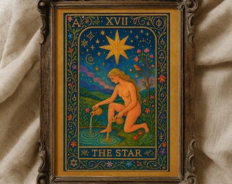 May include: A framed tarot card print featuring "The Star" card. The artwork depicts a nude figure pouring water into a pool, with a large star in the sky. The frame is ornate, with a dark brown finish, and the card has a blue and gold color scheme.