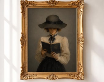 Victorian Woman Reading PRINT, Dark Academia Portrait Wall Art, Vintage Book Lover Cottagecore Decor
