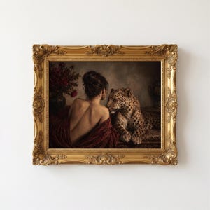 Leopard print showing a back-turned woman wrapped in burgundy fabric beside a reclining leopard in a dimly lit vintage interior.
