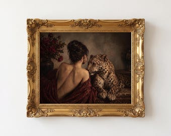 Dark Feminine Leopard Print Art, Vintage Oil Style Femme Fatale Painting