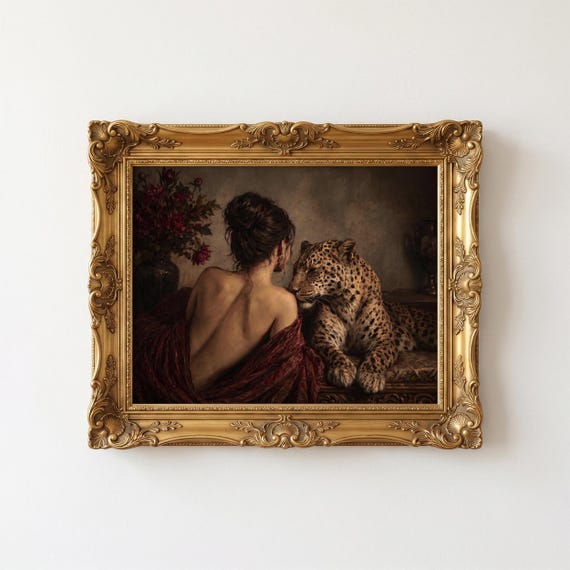 Dark Feminine Leopard Print Art, Vintage Oil Style Femme Fatale Painting
