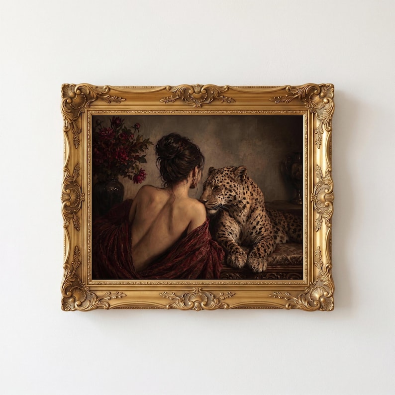 Leopard print showing a back-turned woman wrapped in burgundy fabric beside a reclining leopard in a dimly lit vintage interior.