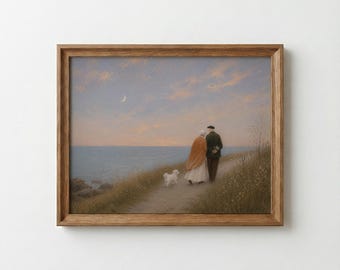 Elderly Couple Coastal Print, Romantic Oil Painting, Cottage Decor