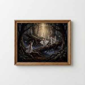May include: A framed wall art print depicting several figures in long white dresses dancing among dark, gnarled tree roots and branches in a forest setting. The scene is illuminated by a soft, golden light emanating from the center background.