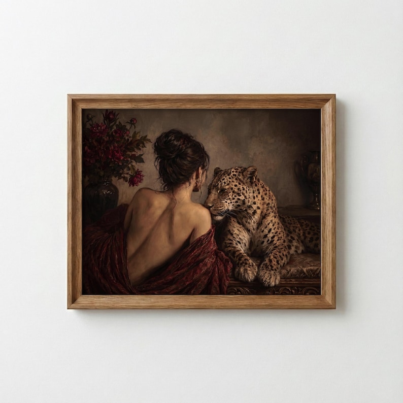 Leopard print showing a back-turned woman wrapped in burgundy fabric beside a reclining leopard in a dimly lit vintage interior.