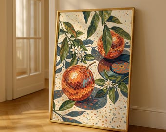 Disco Ball Orange Painting Prints - Retro Funky Kitchen Wall Art, Vinyl Record Decor Poster