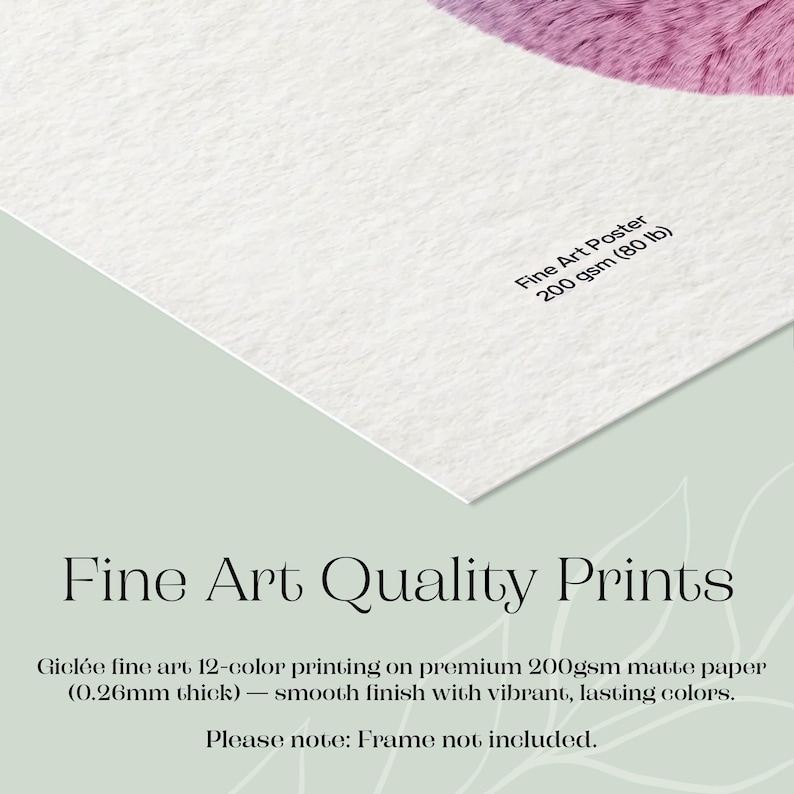 May include: A white fine art poster with a textured surface featuring a purple graphic element. The text reads: Fine Art Poster 200 gsm (80 lb). Additional text states: Fine Art Quality Prints, Gicl&eacute;e fine art 12-color printing on premium 200gsm matte paper (0.26mm thick) &mdash; smooth finish with vibrant, lasting colors. Please note: Frame not included.