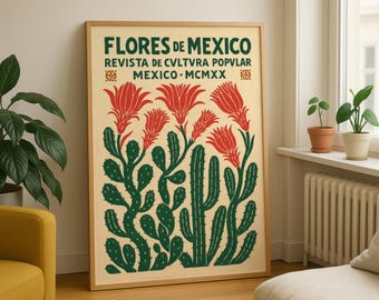 Vintage Mexican Art Exhibition – Flores de Mexico Retro Cactus Art Print