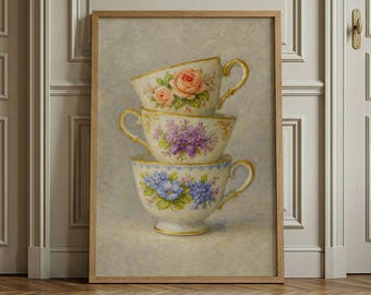 Grandmillennial Floral Teacups Art Print, Impasto Painting Still Life, Breakfast Nook Wall Art