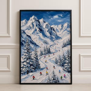 May include: Oil painting depicting a snowy mountain ski scene. Skiers in colourful attire descend winding slopes. Towering snow-covered peaks and evergreen trees frame the ski runs. The sky is a vibrant blue with textured brushstrokes, all within a black frame.