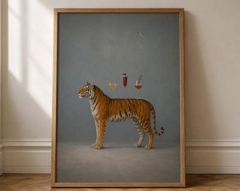 Tiger Cocktail PRINT, Quirky Animal Wall Art, Minimalist Bar Cart Decor for Eclectic Home