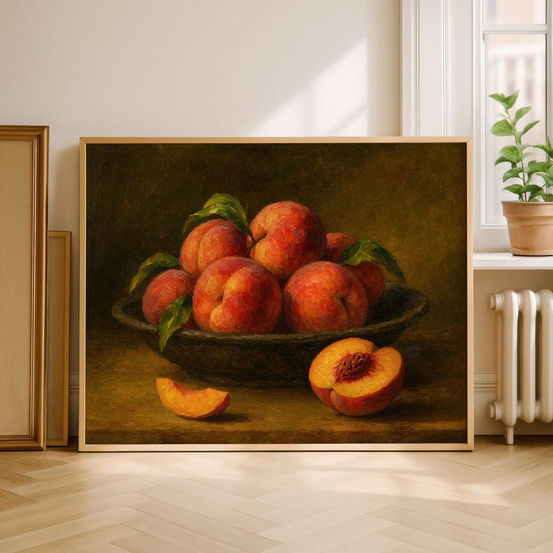 Oil painting print of a bowl of ripe peaches with leaves, a sliced peach and peach wedge on a table, classical moody fruit still life kitchen wall art