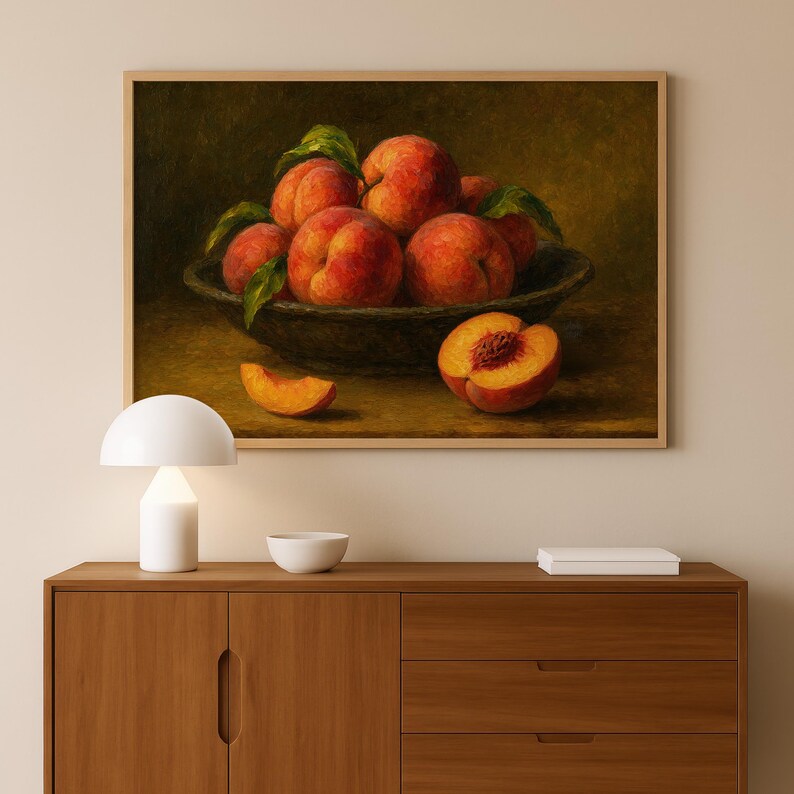 Oil painting print of a bowl of ripe peaches with leaves, a sliced peach and peach wedge on a table, classical moody fruit still life kitchen wall art