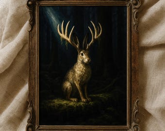 Jackalope Wall Art Print, Dark Moody Oil Painting Style, Woodland Fantasy Decor