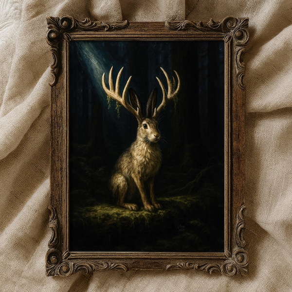 Grafika ścienna z Jackalope, mroczny, nastrojowy styl malarstwa olejnego, wystrój leśnej fantazji