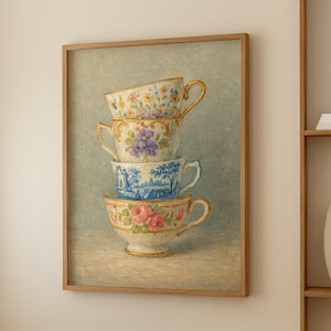 Vintage Teacup Still Life Oil Painting Print, Stacked Teacups Wall Art, Cottagecore Kitchen Decor