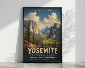 Yosemite National Park PRINT, Retro California Landscape Wall Art, Half Dome Travel Poster Decor