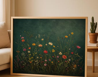 Wildflower Meadow PRINT, Dark Green Botanical Poster, Moody Floral Vintage Cottagecore Wall Art