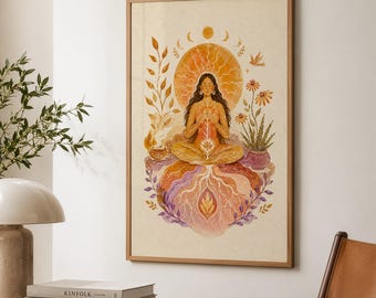Divine Feminine PRINT, Meditation Woman Wall Art, Moon Phase Botanical Poster, Boho Spiritual Decor