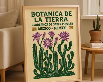 Mexican Linocut Poster, Cactus Flower Botanical Print, Green & Purple Desert Wall Art