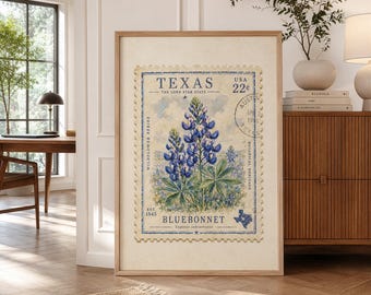 Texas Bluebonnet PRINT, Vintage Wildflower Stamp Wall Art, Botanical Lone Star State Decor